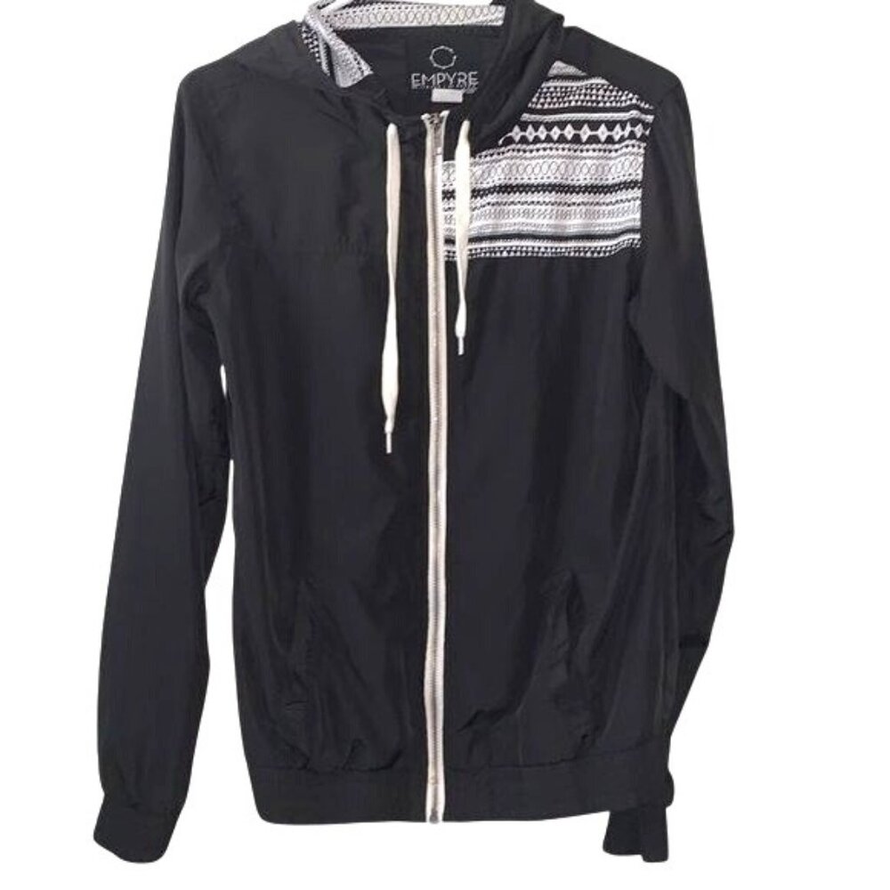 Empyre Black Hooded Zip-Up Windbreaker Jacket W/ White Pattern Accents Size M 10